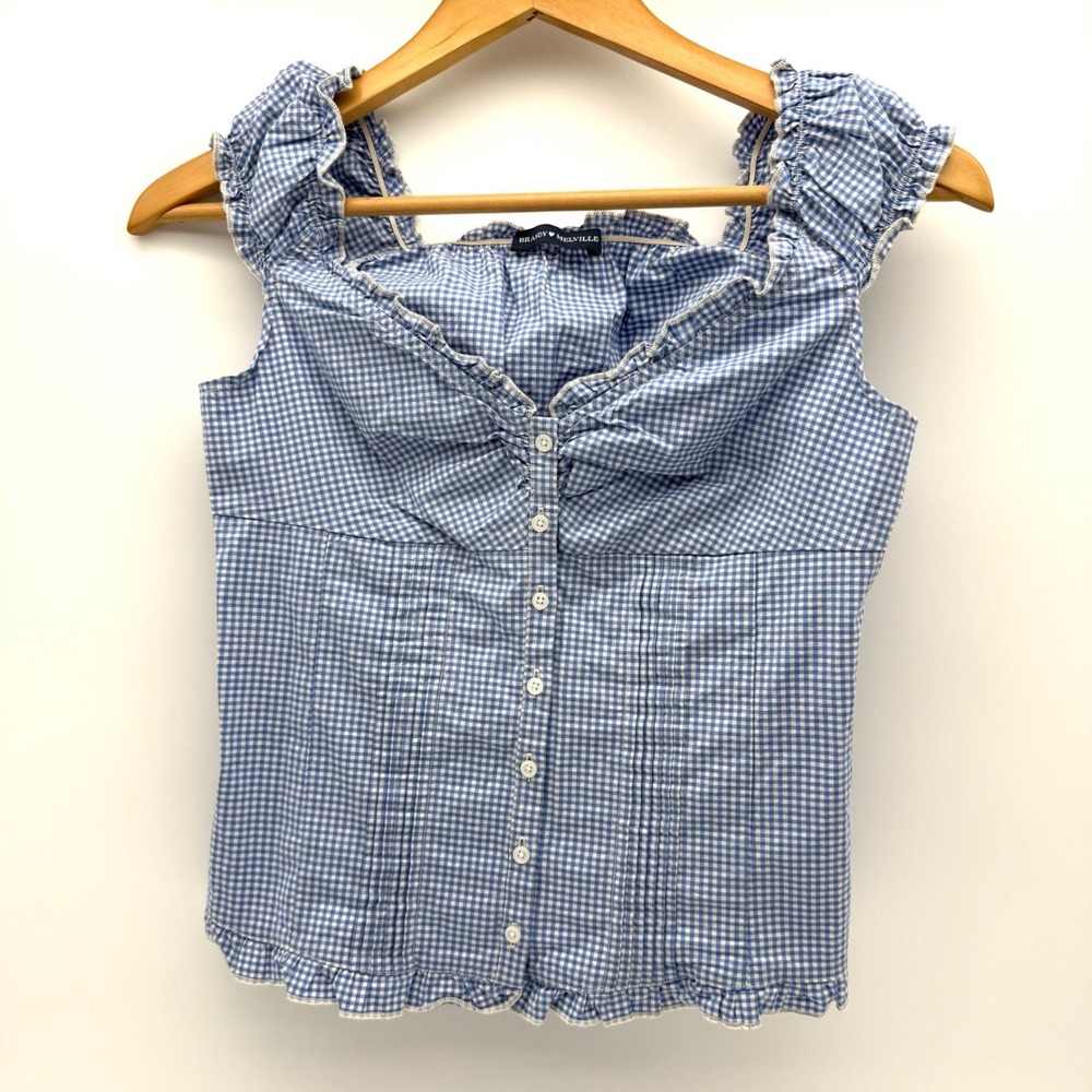 Brandy Melville Blue White Gingham Ruffle Button Front Top Coquette Y2K